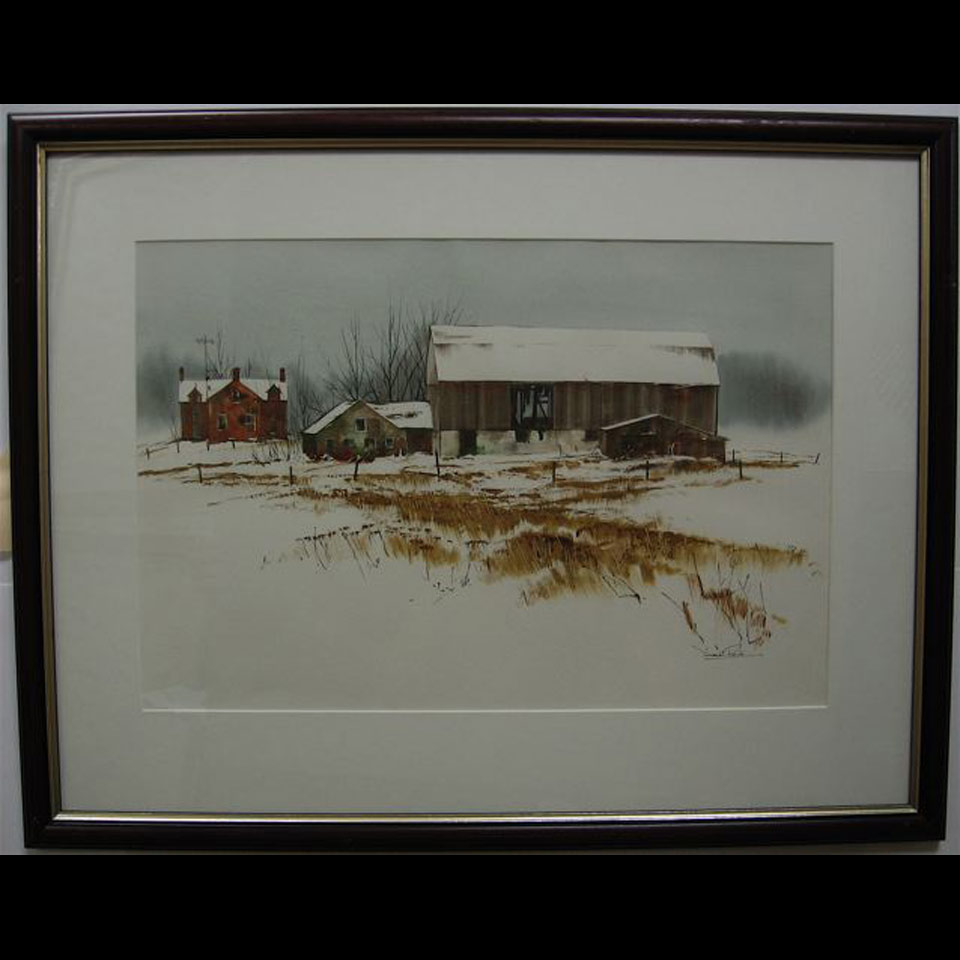 Appraisal: JACK HENRY REID - CANADIAN FARM IN WINTER WATERCOLOUR SIGNED