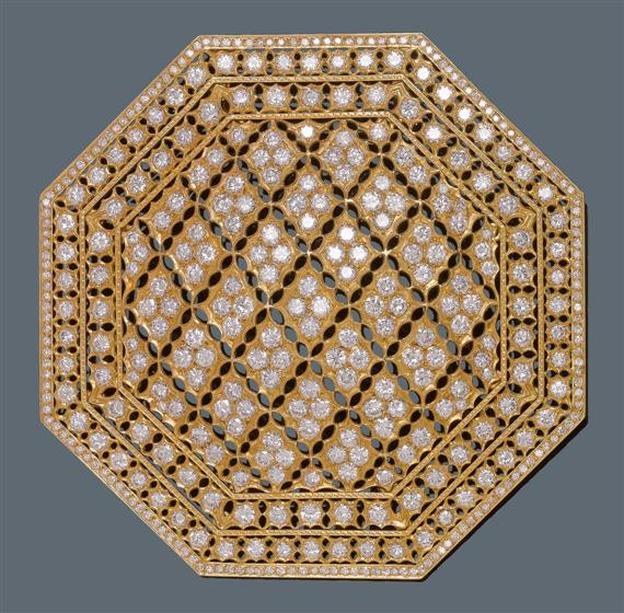 Appraisal: DIAMOND PENDANT Yellow gold Large octagonal pendant the geometric openwork