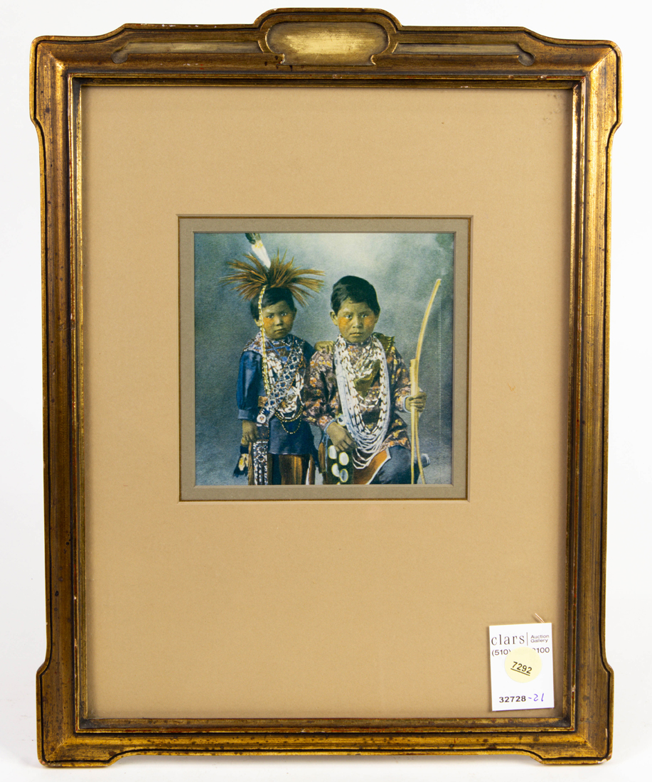 Appraisal: Giltwood easel picture frame with colored print of two Native