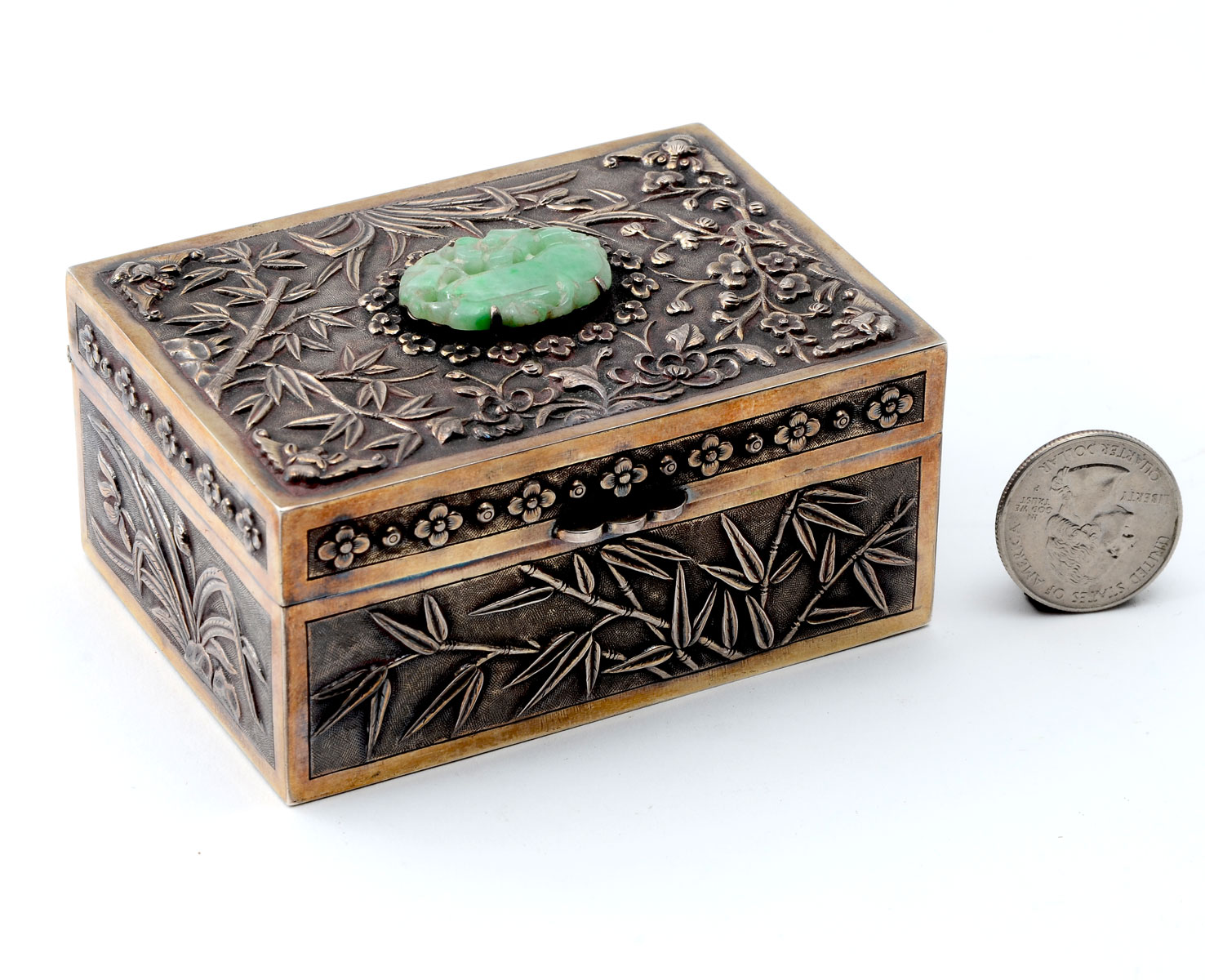 Appraisal: CHINESE SILVER JADE BOX Approx Troy ounces Chinese Silver box