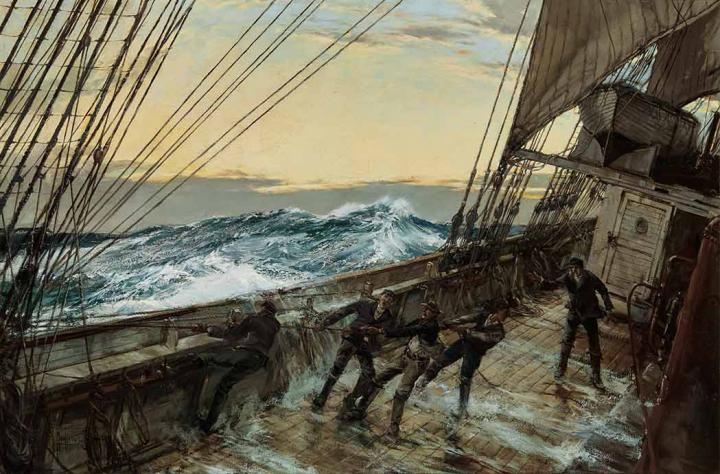 Appraisal: Montague Dawson British - Ship Deck Stormy Seas Signed Montague