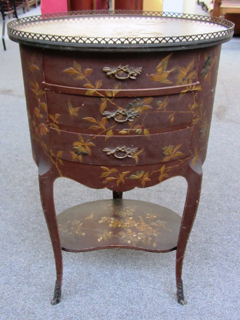 Appraisal: A th century chinoiserie decorated three drawer bedside table on