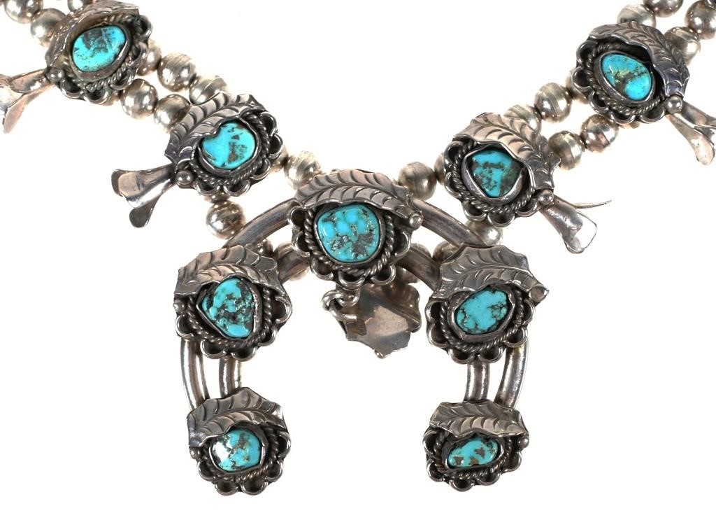 Appraisal: STERLING AND TURQUOISE SQUASH BLOSSOM NECKLACESterling silver and turquoise squash