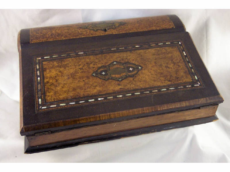 Appraisal: Personal Writing Desk Wooden box with burled walnut brass and