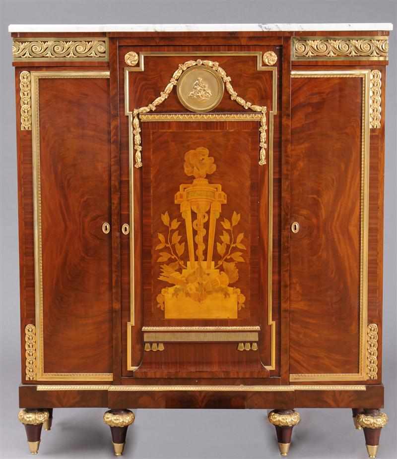 Appraisal: TALL LOUIS XVI STYLE GILT-BRONZE-MOUNTED MAHOGANY AND FRUITWOOD MARQUETRY STYLE