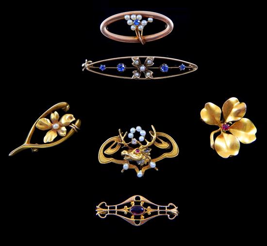 Appraisal: JEWELRY Six small art nouveau pins five K yellow gold