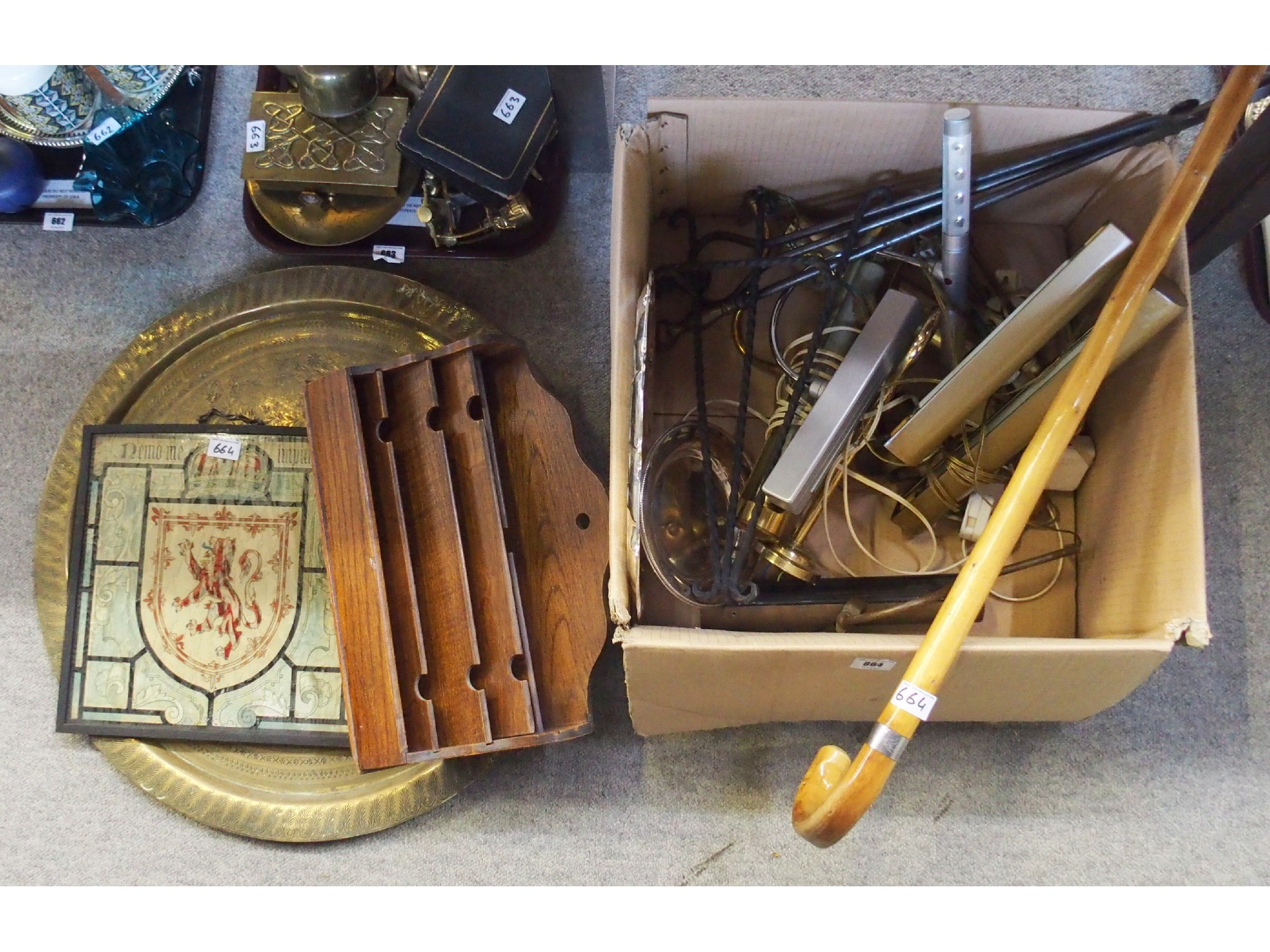 Appraisal: Box comprising walking stick ironwares wood letter box etc with