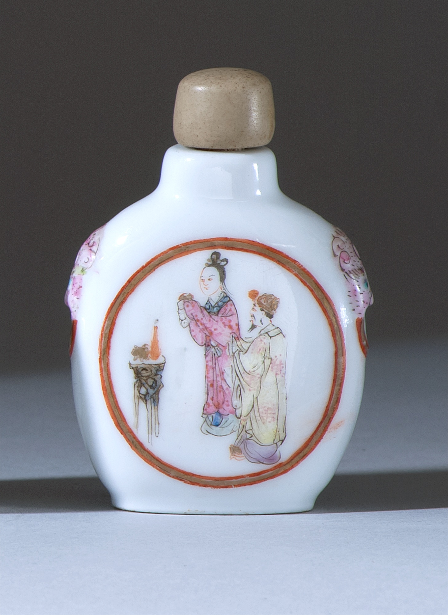 Appraisal: PORCELAIN SNUFF BOTTLE th CenturyIn flattened ovoid form With famille