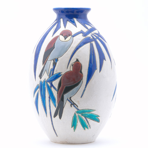 Appraisal: BOCH FRERES Ovoid vase enamel-decorated with brown and grey birds