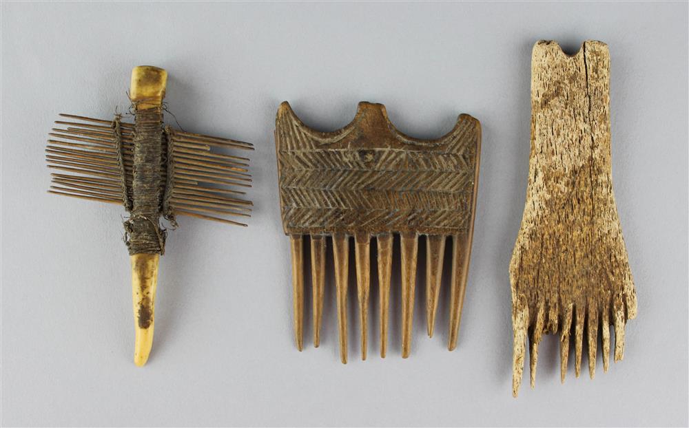 Appraisal: THREE TH C CARVED BONE HAIR COMBS one is carved