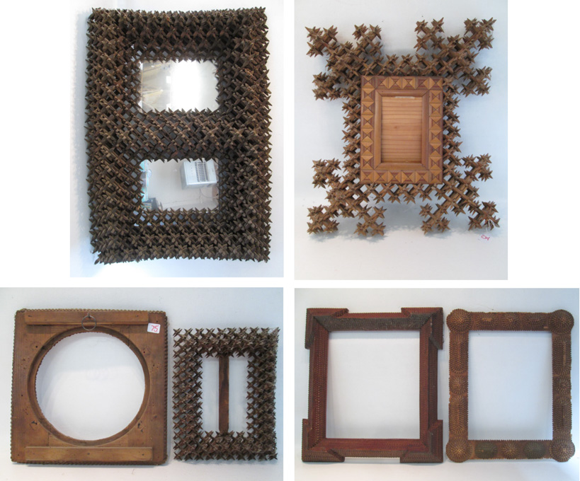 Appraisal: FIVE TRAMP ART FRAMES whittled wood layered in various sizes