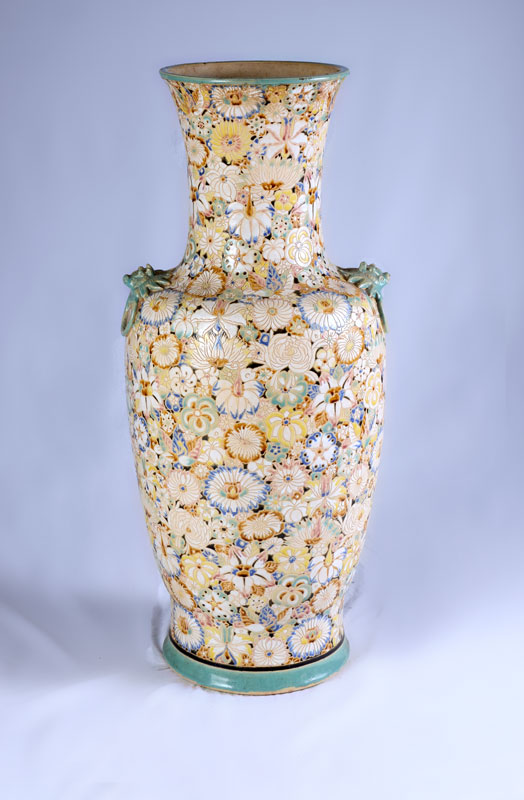 Appraisal: CHINESE POLYCHROME THOUSAND BLOSSOM FLOOR VASE Baluster form incised polychrome