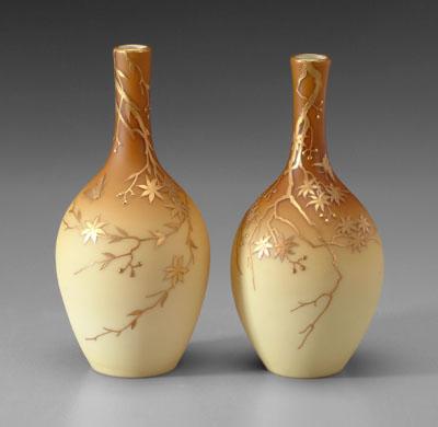 Appraisal: Pair satin glass vases light to dark amber with fine