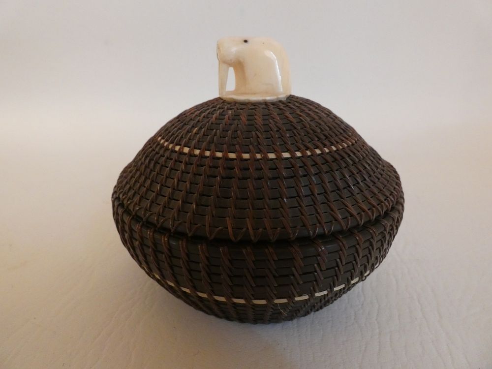 Appraisal: SUPERB INUIT BALEEN BASKET - ANIMAL FINIAL Exquisite hand made