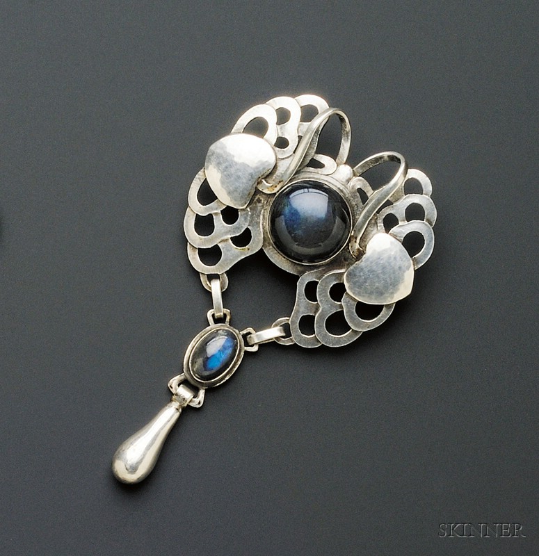 Appraisal: Silver and Labradorite Pendant Brooch Georg Jensen the hammered scrolling