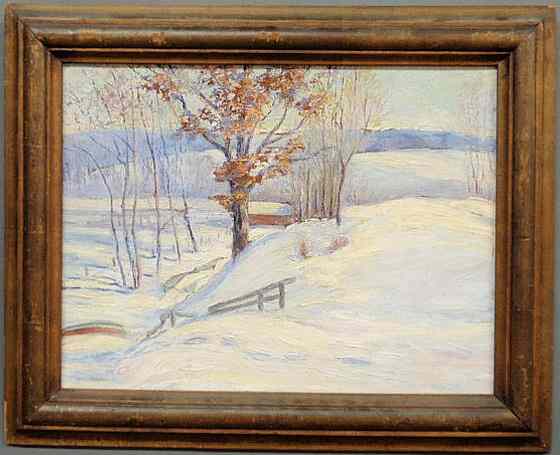 Appraisal: Oil on board impressionist winter landscape signed l l Leslie