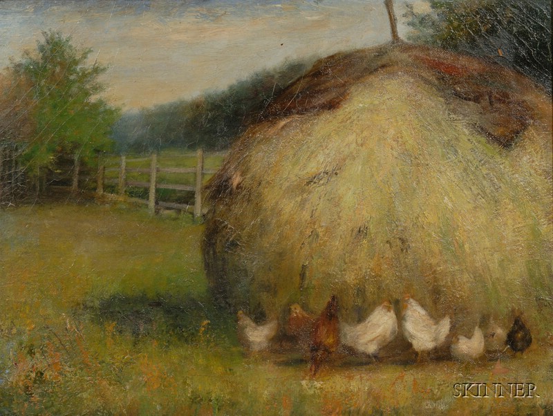 Appraisal: Anglo American School th Century Chickens Pecking by a Haystack