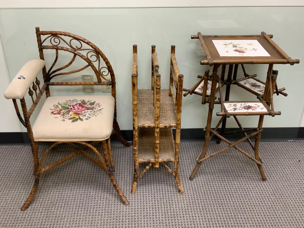 Appraisal: Rattan and Ceramic Inset Side Table a Bamboo Magazine Rack