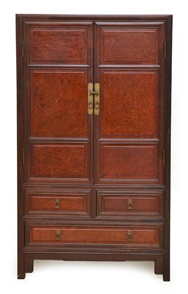 Appraisal: A CHINESE ROSEWOOD AND BURL WOOD SIDE CABINET with two