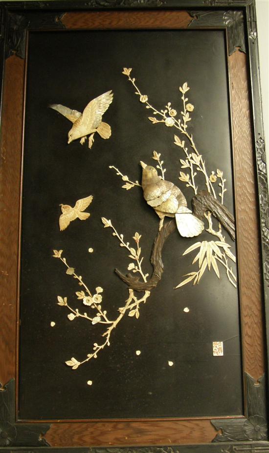 Appraisal: Japanese lacquered panel th century with applied ivory mother-of-pearl and