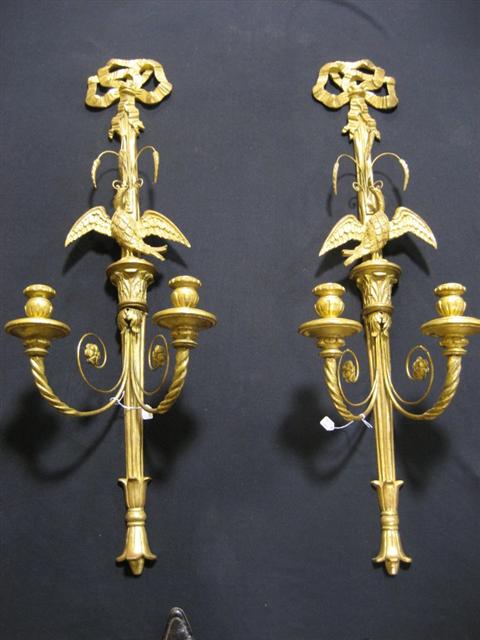 Appraisal: PAIR OF ITALIAN TWO-LIGHT GILTWOOD SCONCES In the Neo-Classic style