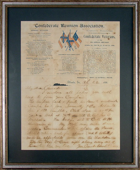 Appraisal: CONFEDERATE REUNION LETTER SIGNED GEN CLEMENT EVANS Signed letter on