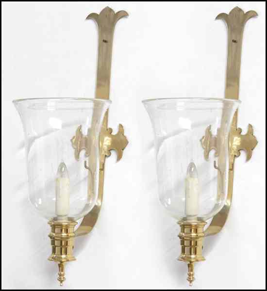 Appraisal: PAIR OF ELECTRIFIED BRASS AND GLASS SCONCES '' x ''