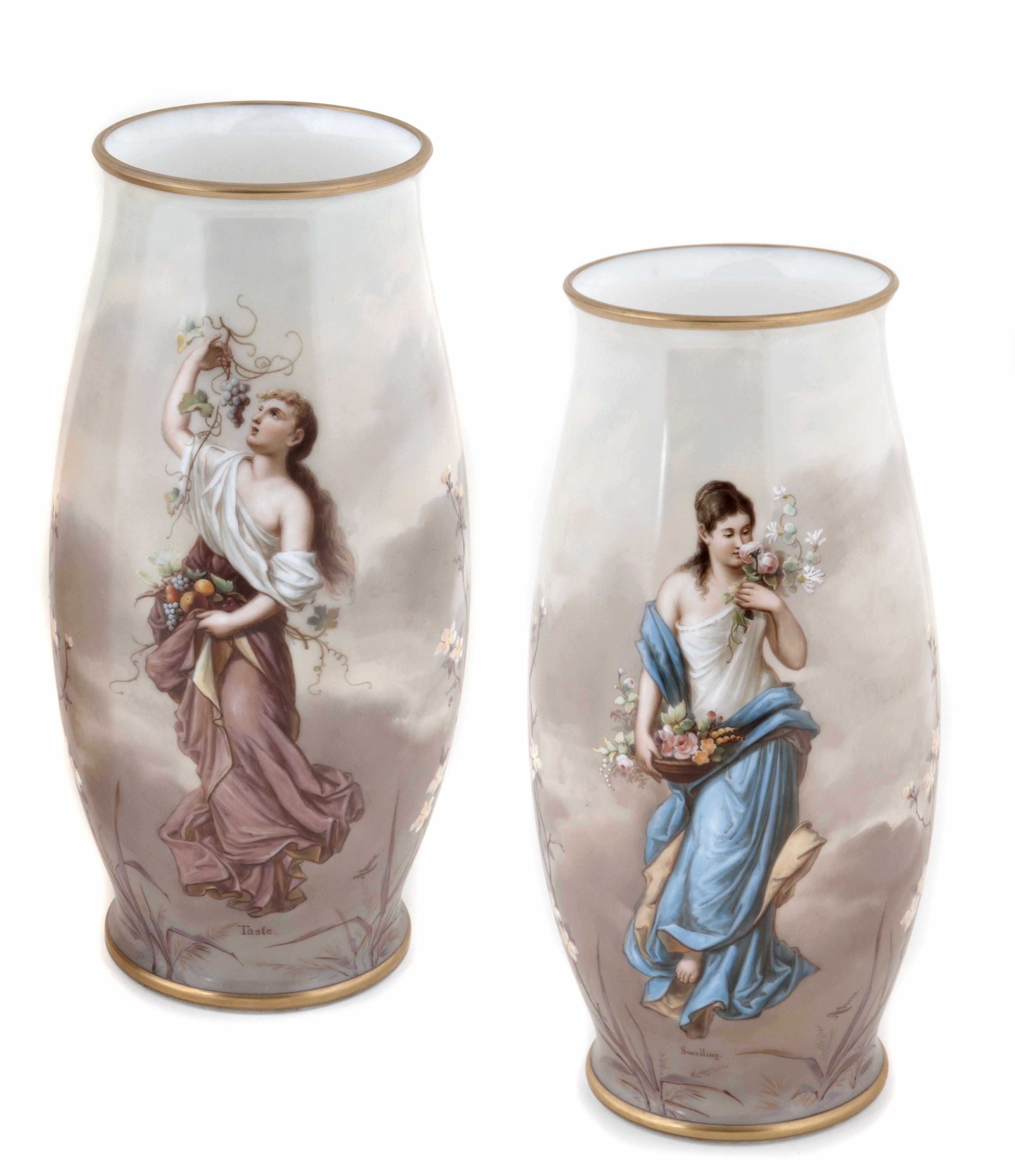 Appraisal: A pair of enameled milk glass vases decorated by Joseph