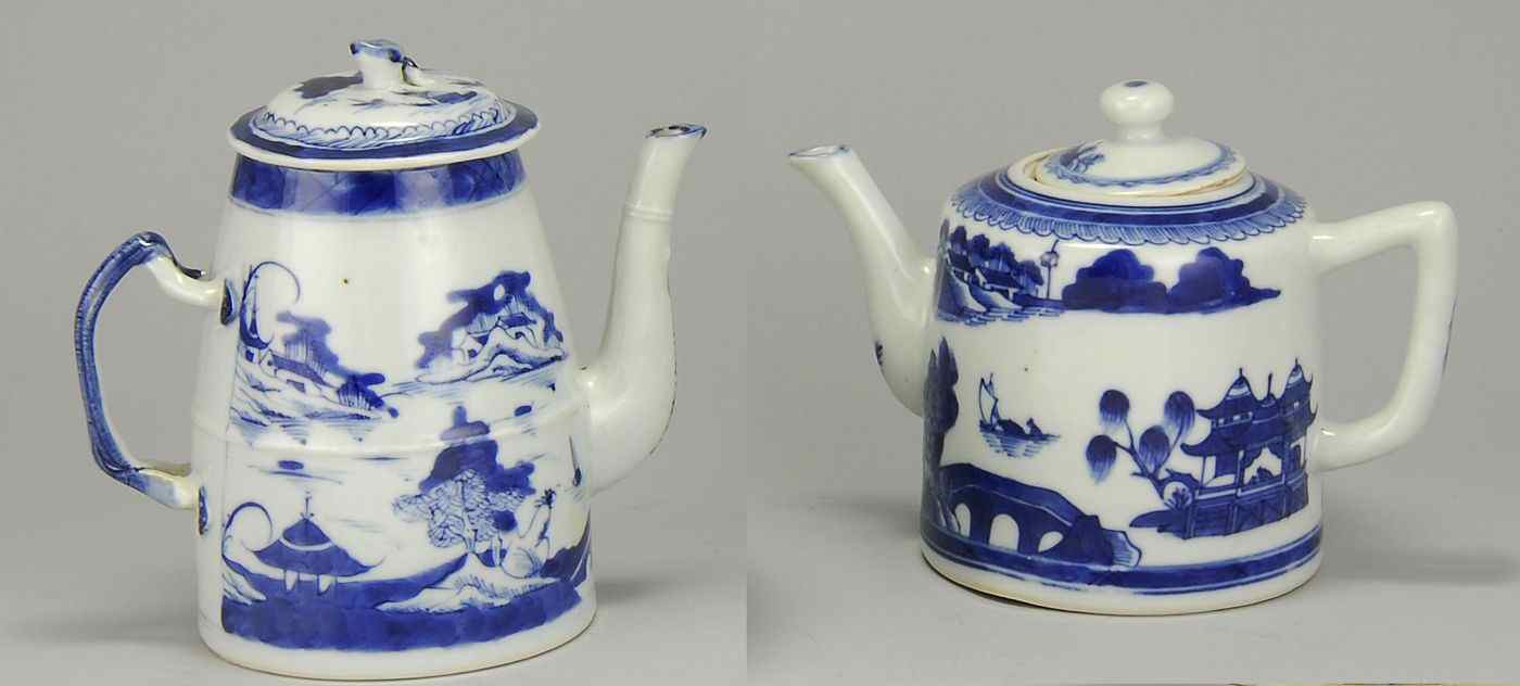 Appraisal: TWO CHINESE EXPORT BLUE AND WHITE CANTON PORCELAIN TEAPOTS th