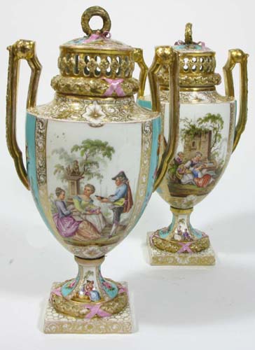 Appraisal: PAIR OF MEISSEN AUGUSTUS REX PORCELAIN URNS Helene Wolfsohn Decorator