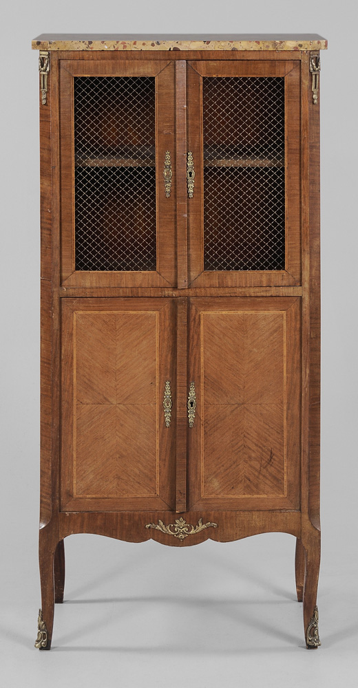 Appraisal: Louis XVI Style Parquetry Marble-Top Vitrine French th century grillwork