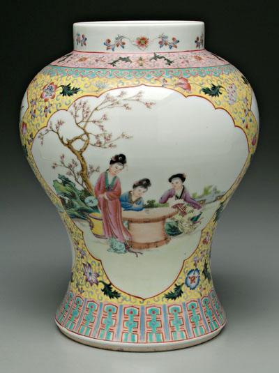 Appraisal: Chinese famille rose vase baluster shape cartouches on yellow ground