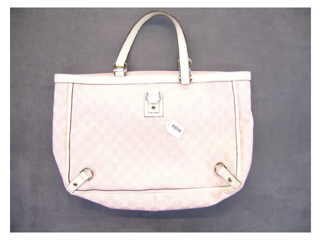 Appraisal: Gucci handbag logo pink fabric with ivory trim and handles