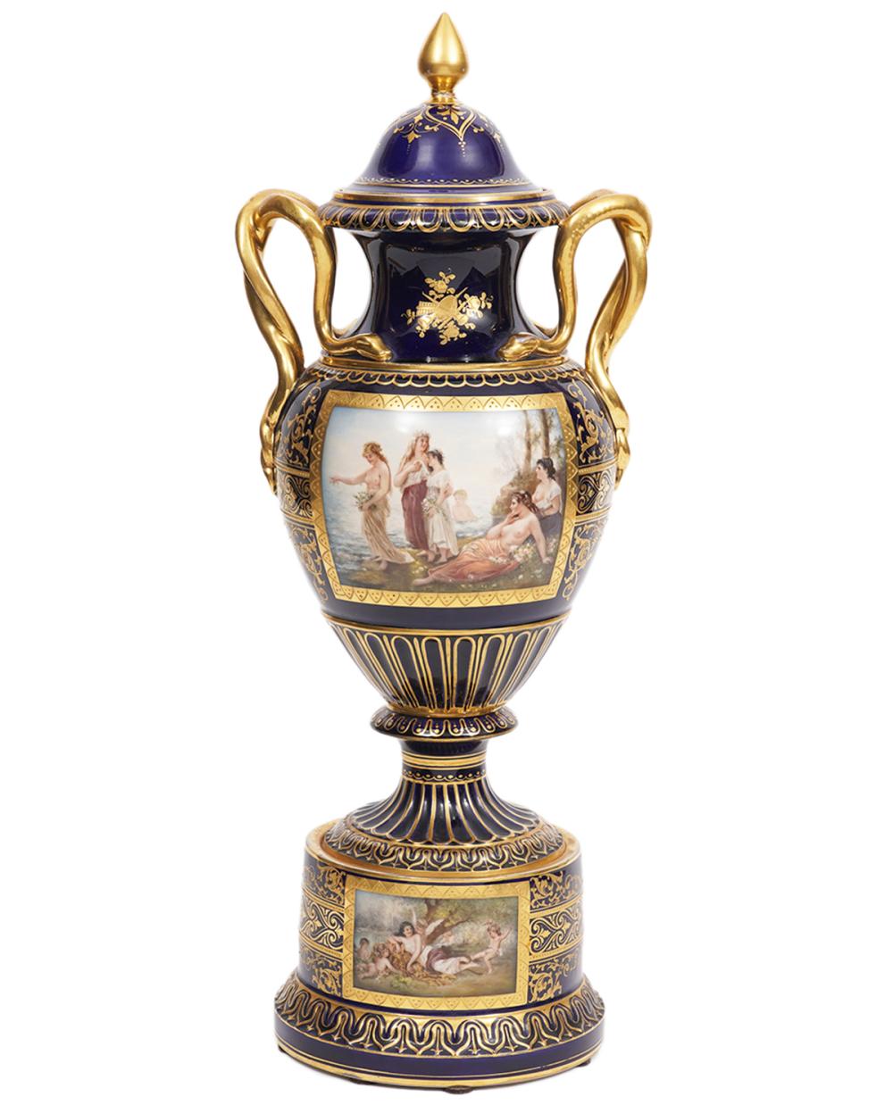 Appraisal: DRESDEN PORCELAIN COBALT GILT LIDDED URNDresden Germany porcelain cobalt gilt