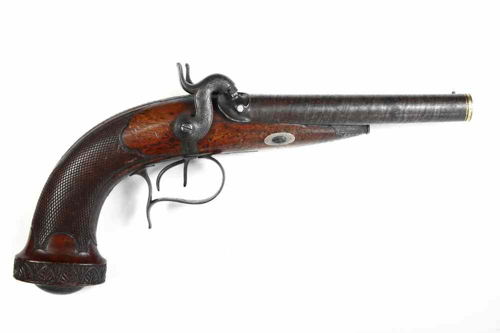 Appraisal: DOUBLE-BARREL PERCUSSION PISTOL - French Double Barrel Percussion Pistol with