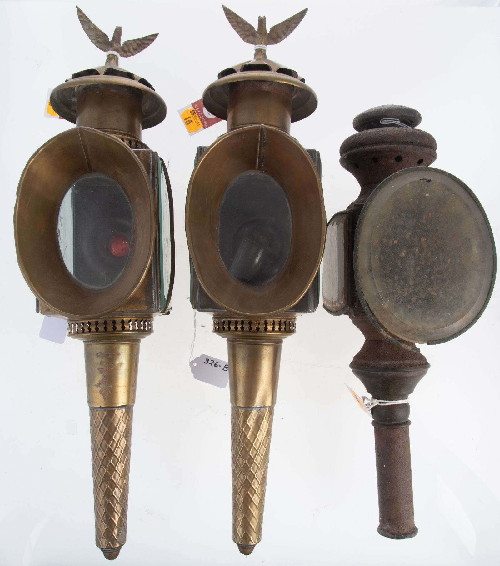 Appraisal: PAIR OF BRASS CARRIAGE LAMPS IRON CARRIAGE LAMP Comprising a