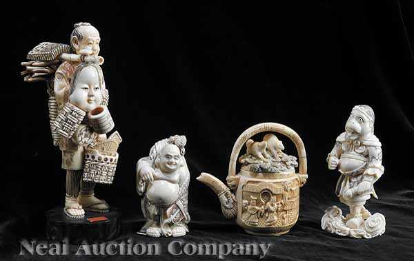 Appraisal: Three Japanese Carved Ivory Figural Okimono each with ink and