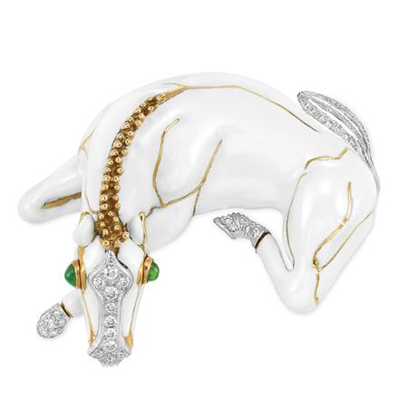 Appraisal: Gold Platinum White Enamel Diamond and Emerald Horse Clip-Brooch David