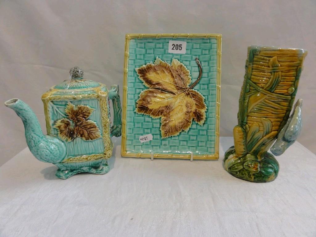 Appraisal: A th century majolica turquoise ground teapot of square shaped