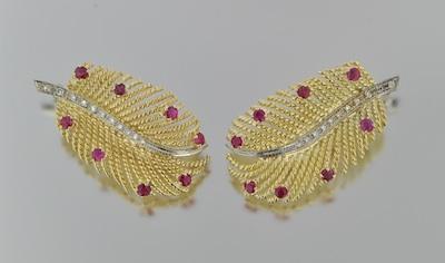 Appraisal: A Pair of Ruby and Diamond Feather Brooches k yellow