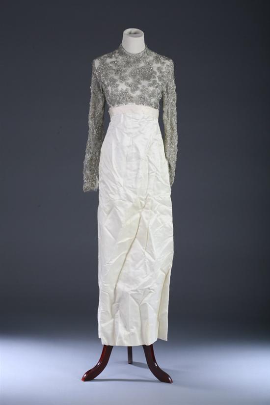 Appraisal: CUSTOM-MADE SILVER BEADED AND WHITE SATIN EVENING GOWN Circa White