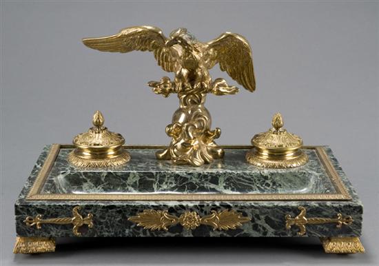 Appraisal: Empire style bronze and marble inkwell th century Central bronze