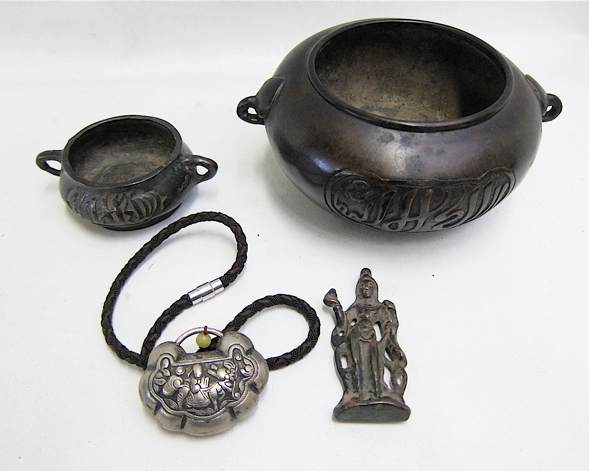 Appraisal: COLLECTOR'S GROUPING OF TWO BRONZE EASTERN BOWLS WITH NECKLACE AND