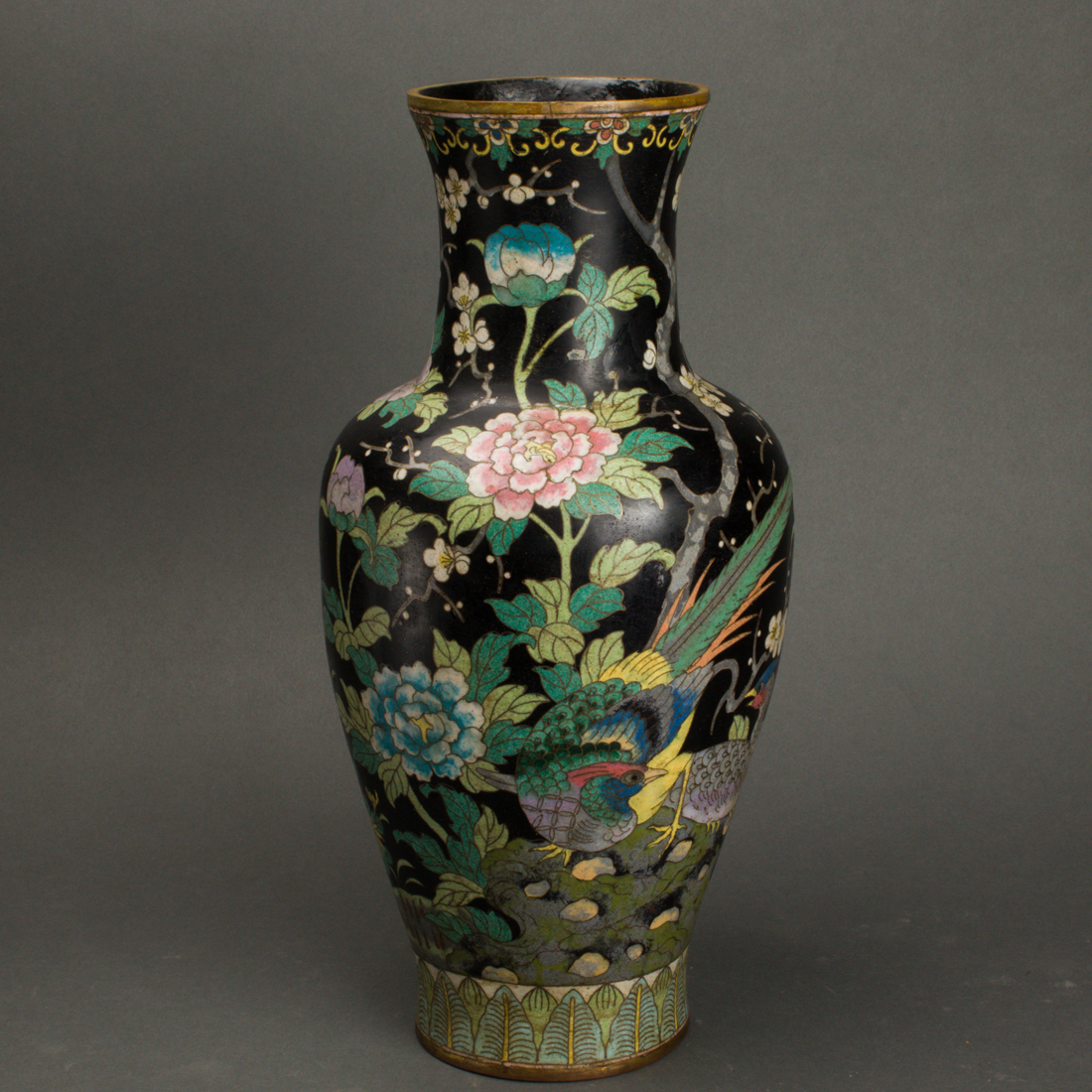 Appraisal: CHINESE CLOISONNE ENAMEL BLACK GROUND VASE Chinese cloisonne enamel black