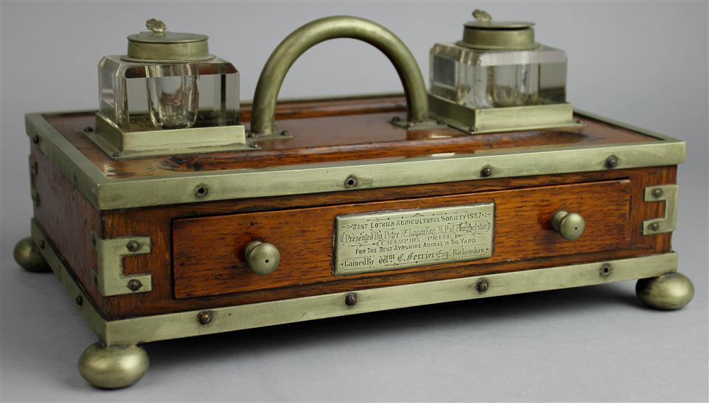 Appraisal: SCOTTISH PEWTER MOUNTED WALNUT AWARD INKSTAND late th century paper