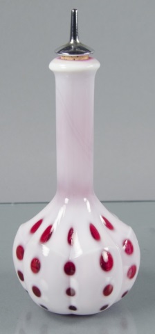 Appraisal: Cranberry Coin-Dot Barber BottleRibbed bulbous body with cranberry windows Produced