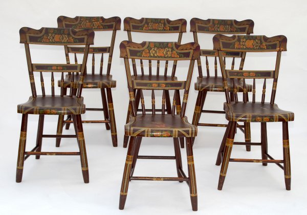 Appraisal: Six paint decorated dining chairs Handpainted with fruit in mustard