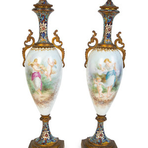 Appraisal: A Pair of Sevres Porcelain and Champleve Gilt Bronze Mounted