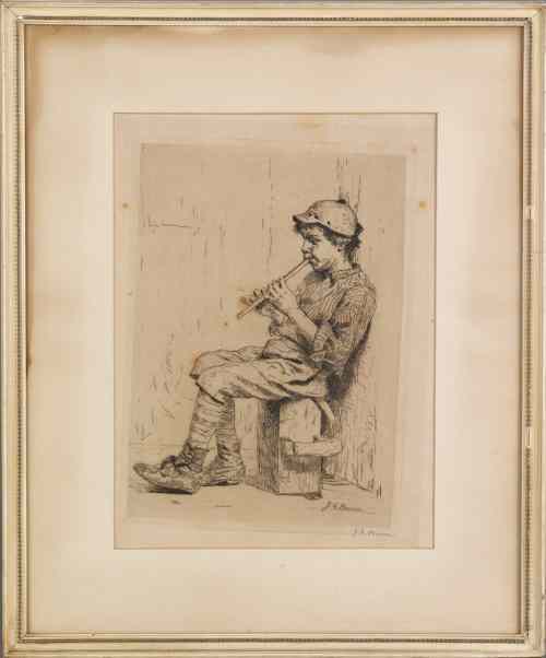 Appraisal: John George Brown American - etching of a boy playing