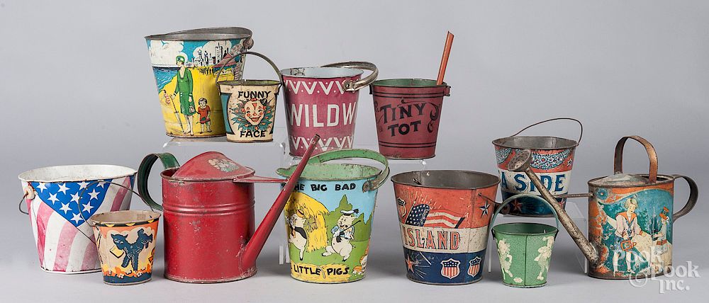 Appraisal: Collection of ten tin litho sand pails etc Collection of